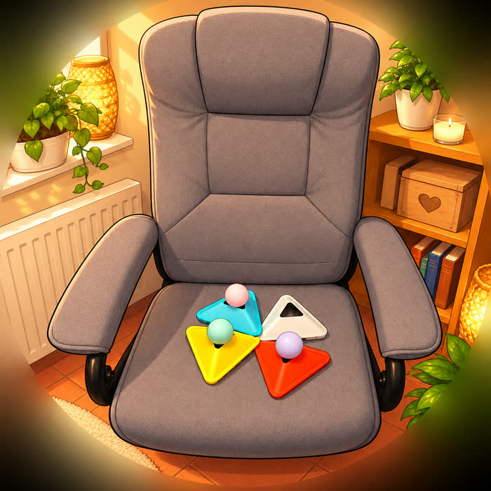 Illustration d’un fauteuil de salon avec, posés sur l’assise, les plots triangulaires colorés et les balles utilisés pendant un atelier Créa’Diaz®.