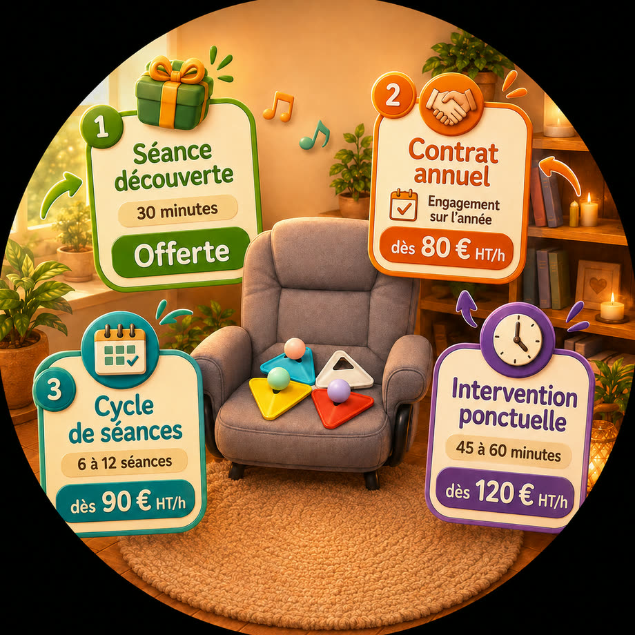 Illustration : les quatre formules RécréaMouv présentées autour d’un fauteuil, séance découverte de 30 minutes offerte, contrat annuel, cycle de 6 à 12 séances et intervention ponctuelle de 45 à 60 minutes.