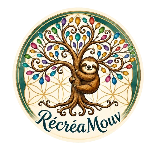 Logo RécréaMouv : le paresseux enlaçant l’arbre de vie aux cuillères multicolores, sur un fond de fleur de vie