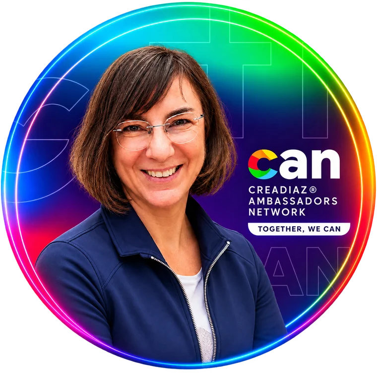 Portrait de Marie-Christine Mille, praticienne certifiée Créa’Diaz®, dans le cercle aux couleurs du réseau CAN, Créa’Diaz® Ambassadors Network.