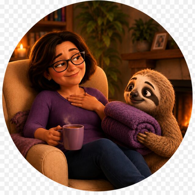 Marie-Christine détendue dans un fauteuil, le paresseux lui apporte un plaid